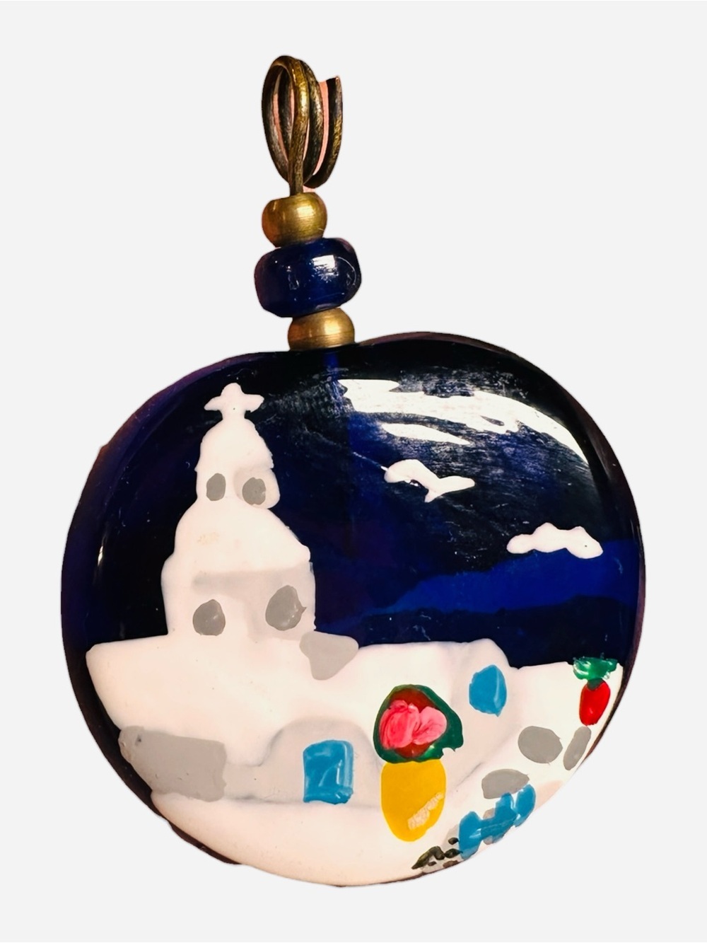 Hand-Painted Blue Glass Souvenir Pendant Coastal Mediterranean Village Scene